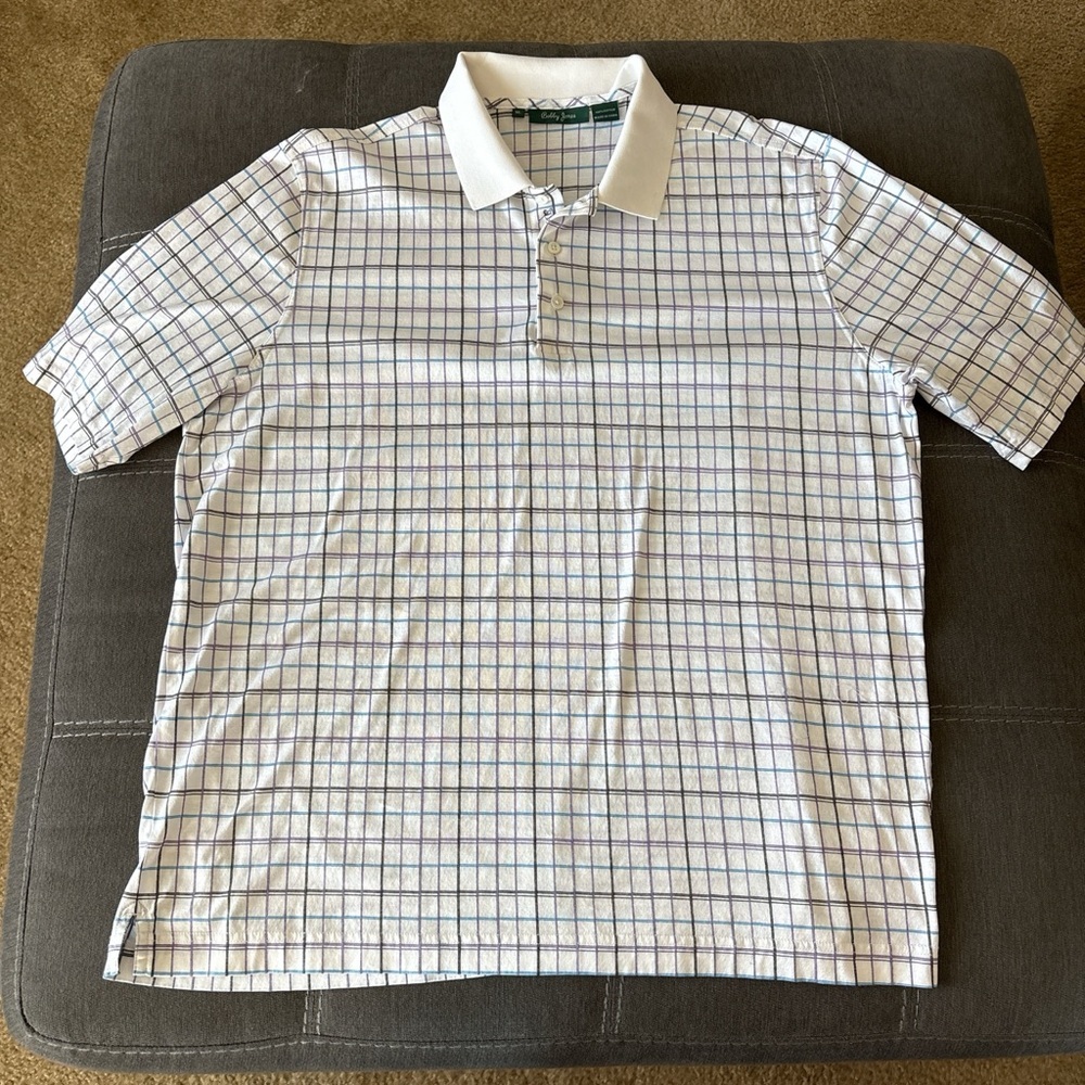 Bobby Jones man’s White and Blue plaid cotton Polo Shirt with logo . XL